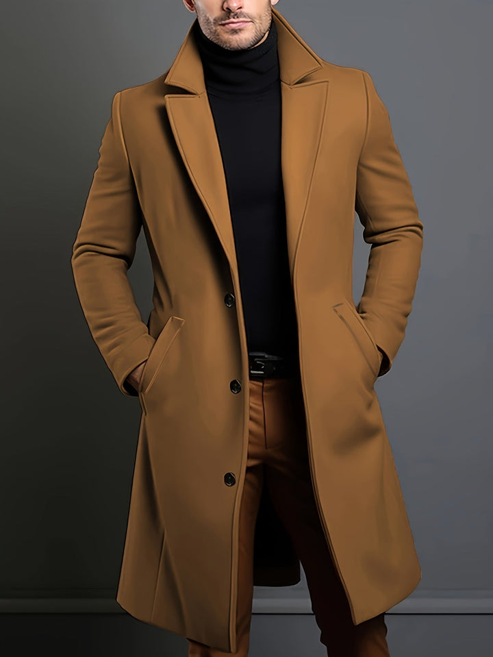 Men's Dark Blue Long Single-Breasted Lapel Overcoat. Classic fall & winter tailored outerwear.