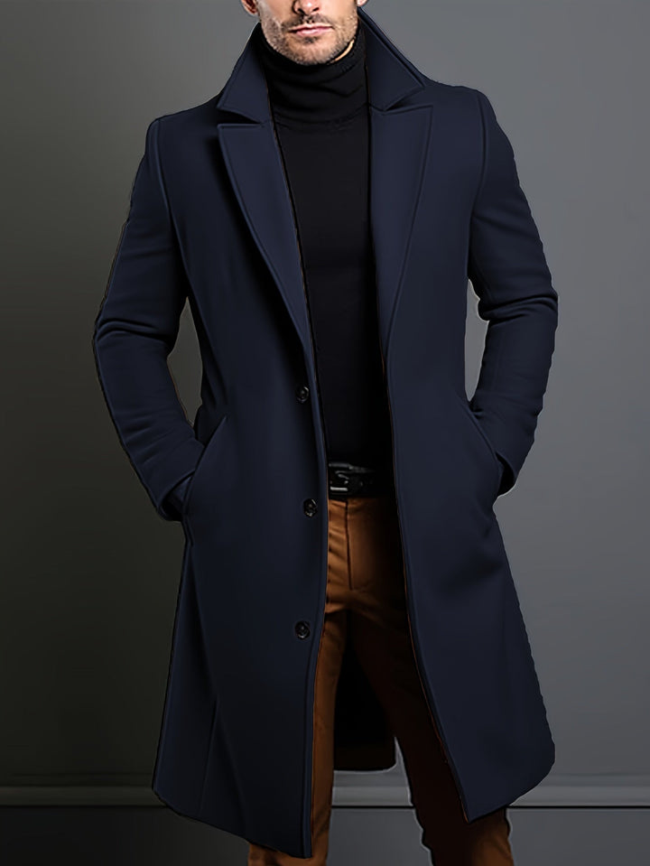 Elegant brown men's long overcoat, single-breasted. Tailored lapel coat for fall and winter fashion.