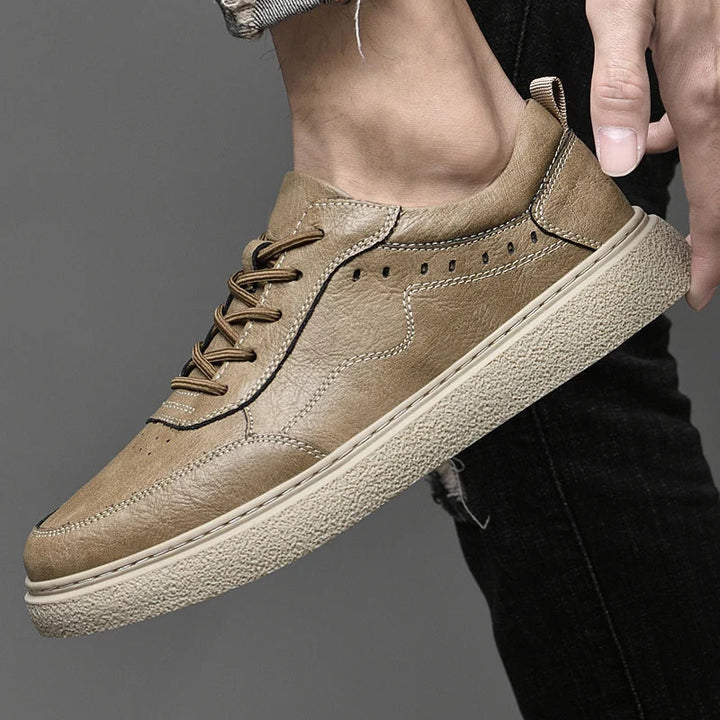 Men's dark khaki genuine leather casual sneakers. Comfortable & minimalist for everyday wear. Stylish men's shoes.