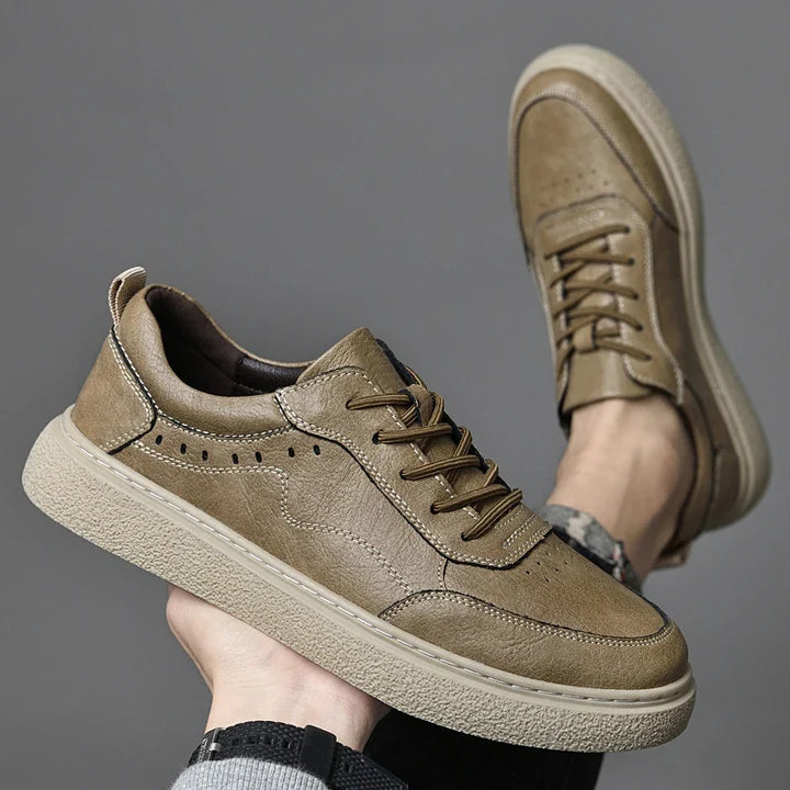 Sand genuine leather casual sneakers for men. Everyday comfort, minimalist design. Versatile men's footwear.