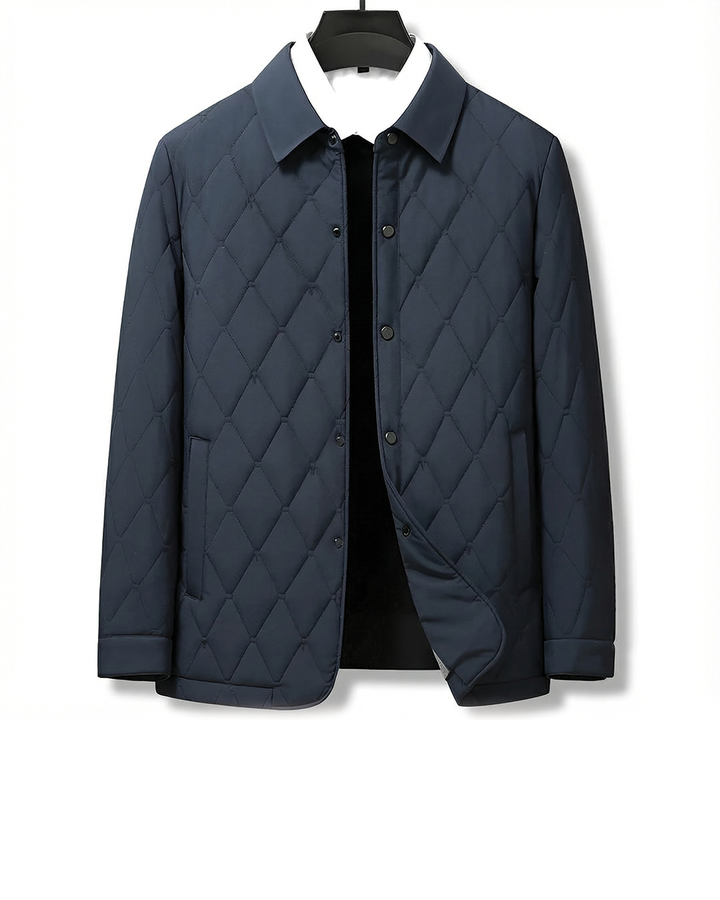 Men's diamond quilted lightweight coat in navy blue, perfect for everyday fall and winter wear.
