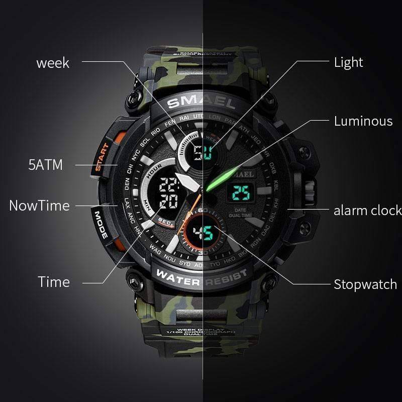 Men's sport watch with digital and analog displays, camouflage pattern, waterproof for active lifestyles.