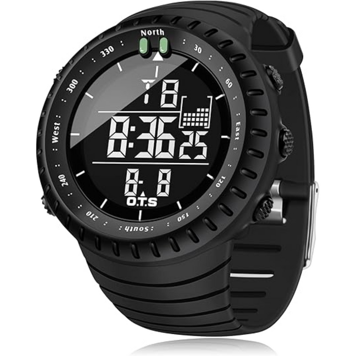Men's digital sports watch with LED display, waterproof, and shock-resistant for outdoor activities & active wear.
