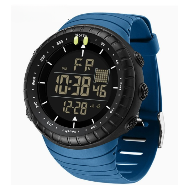 Sleek men's digital watch with clear LED display, waterproof design for sports and daily active wear.