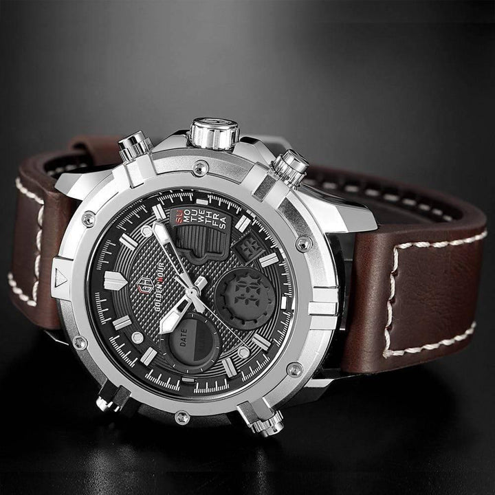 Close-up of Men's Digital Waterproof Quartz Watch face, showing time and date, tactical, rugged