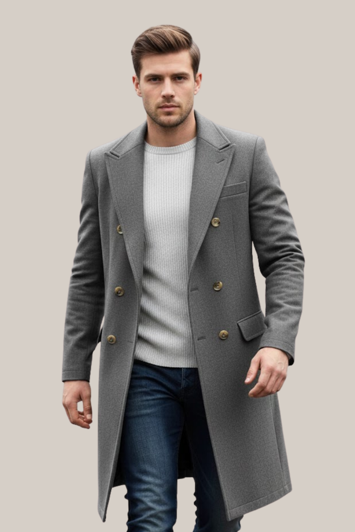 Men's double-breasted long trench coat for elegant formal wear & business attire, classic style outerwear.