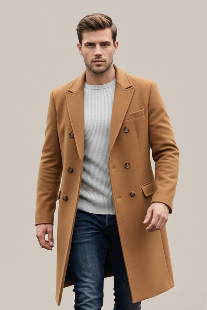 Elegant men's double-breasted long coat in a classic trench style, ideal for business or formal occasions.