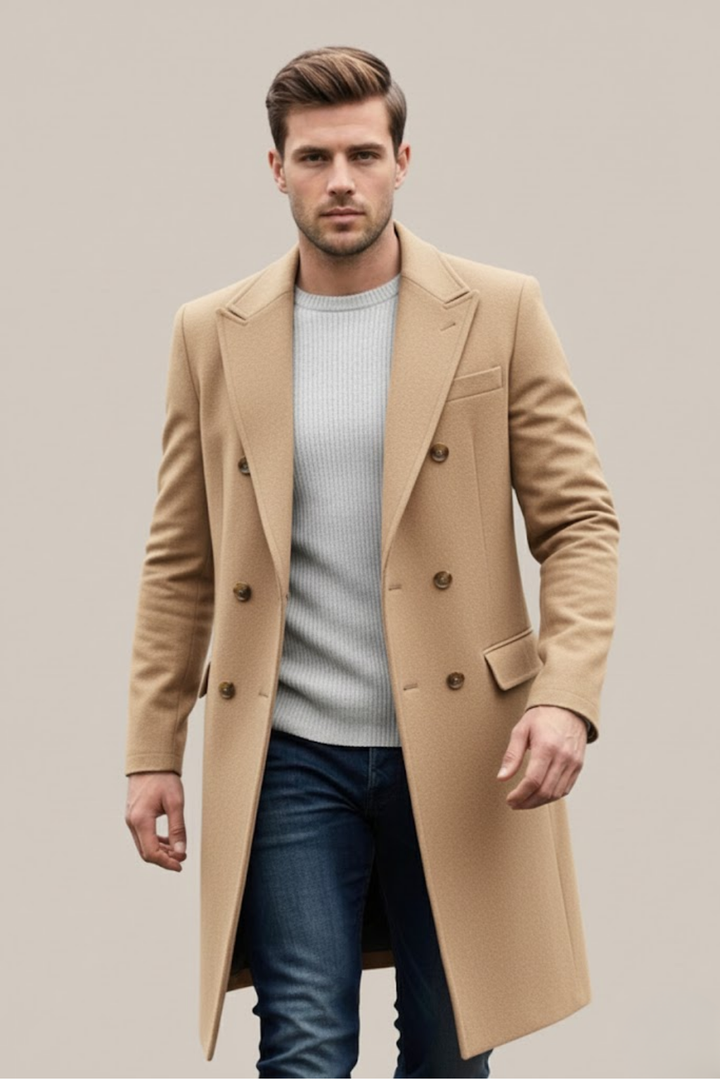 Sophisticated men's long double-breasted trench coat. A classic piece of outerwear for any formal or casual look.