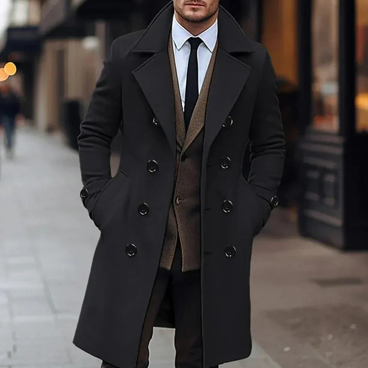 Stylish men's double-breasted trench coat, a versatile and sophisticated all-season tailored outerwear.