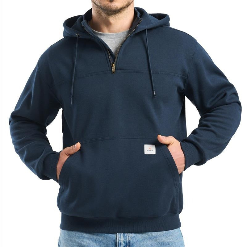 Men's Dryline water-resistant work hoodie with half-zip & adjustable hood for all-weather comfort & durability.