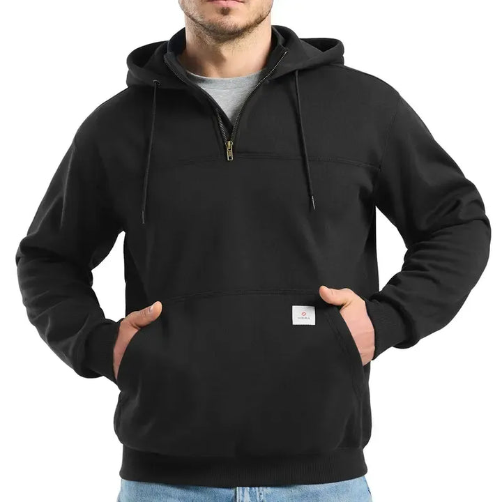 Half-zip men's Dryline hoodie, water-resistant outerwear with adjustable hood, perfect for comfortable and durable workwear.