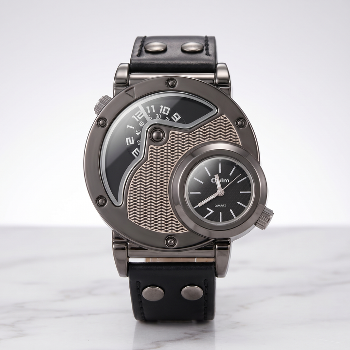 Men's dual time sport watch with a comfortable, adjustable black mesh strap for a secure fit.