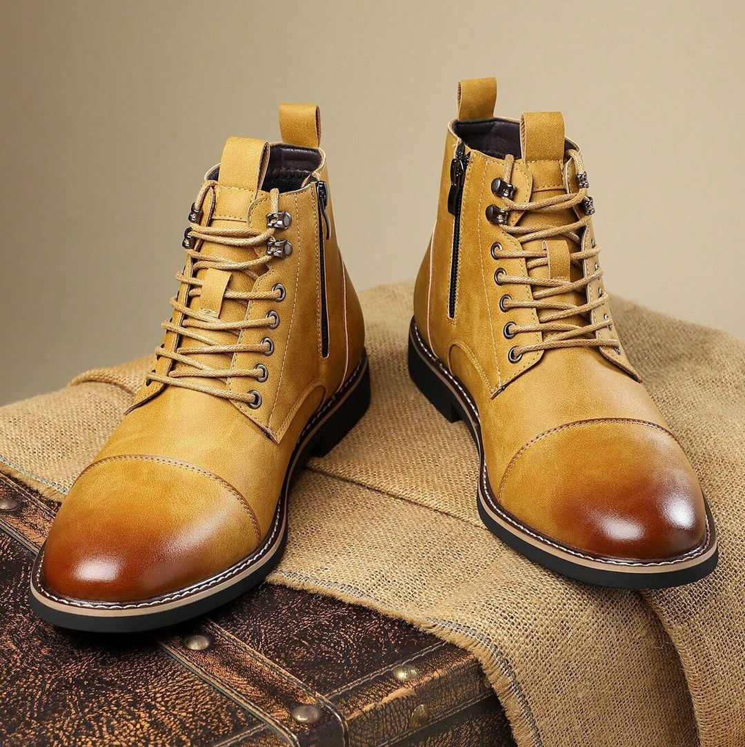 Men's durable all-terrain boots, offering ankle support, rugged sole, comfort, traction, and versatile style.