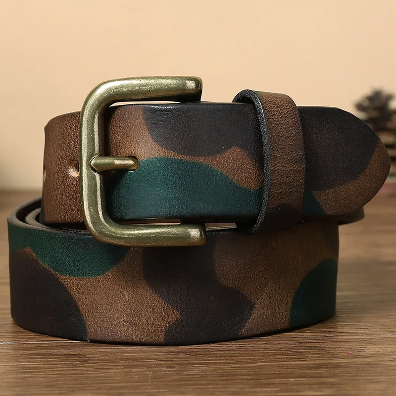 Men's durable camo leather belt with robust design and brass buckle. Perfect for rugged style.