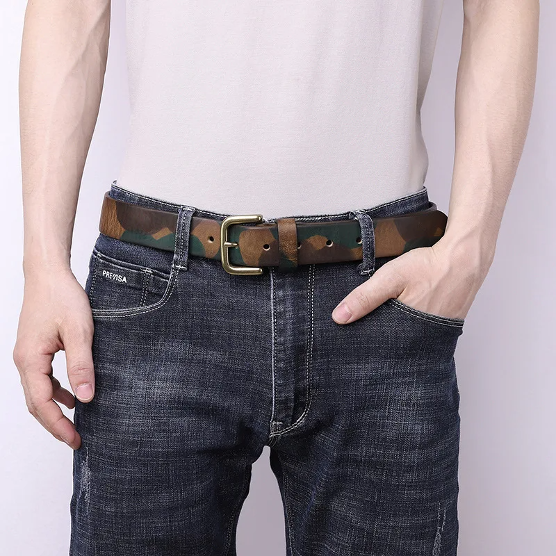 Rugged men's leather belt in camouflage, crafted from durable full-grain leather with a solid brass buckle.