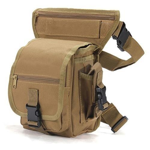 Durable multi-pocket men's drop leg bag, essential for hands-free outdoor activities.