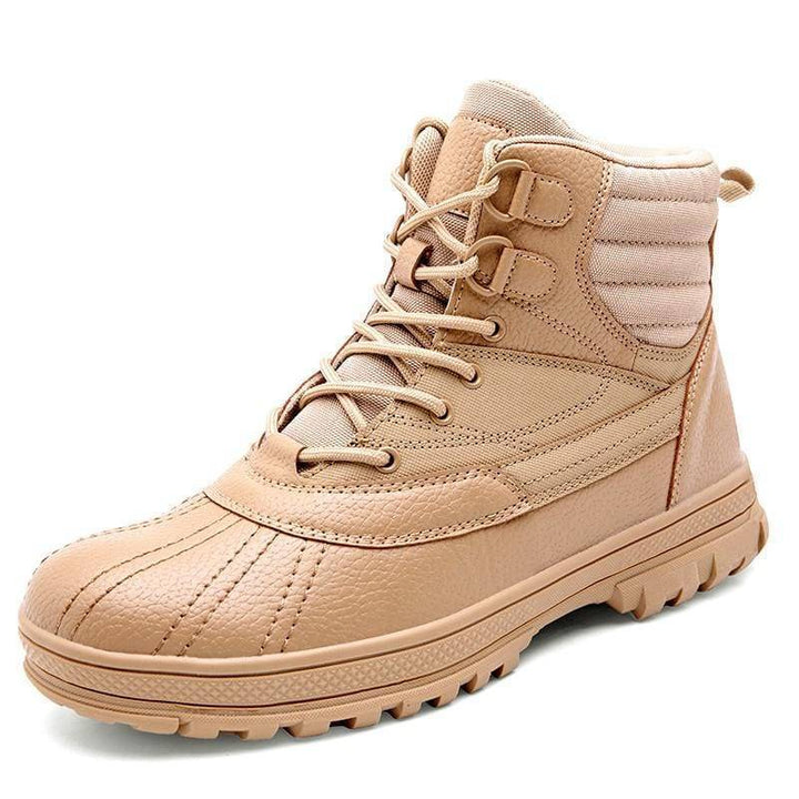 Pair of men's non-slip combat boots, designed for tactical use and hiking, in a dark, rugged finish.