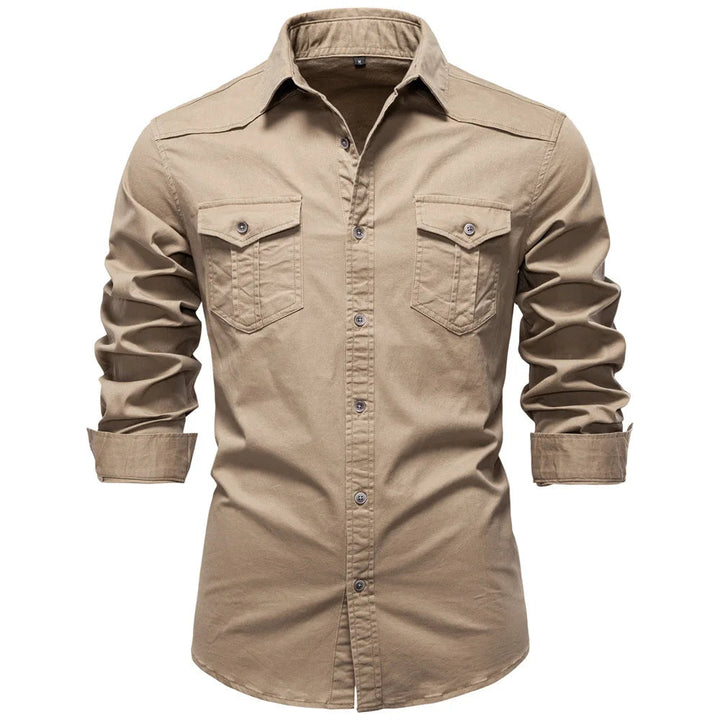 Men's durable utility shirt, long sleeve, button-up, rugged style for everyday wear.