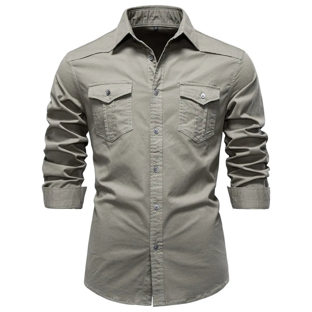 Stylish men's casual utility shirt, long sleeve, button-up, rugged for versatile fashion.