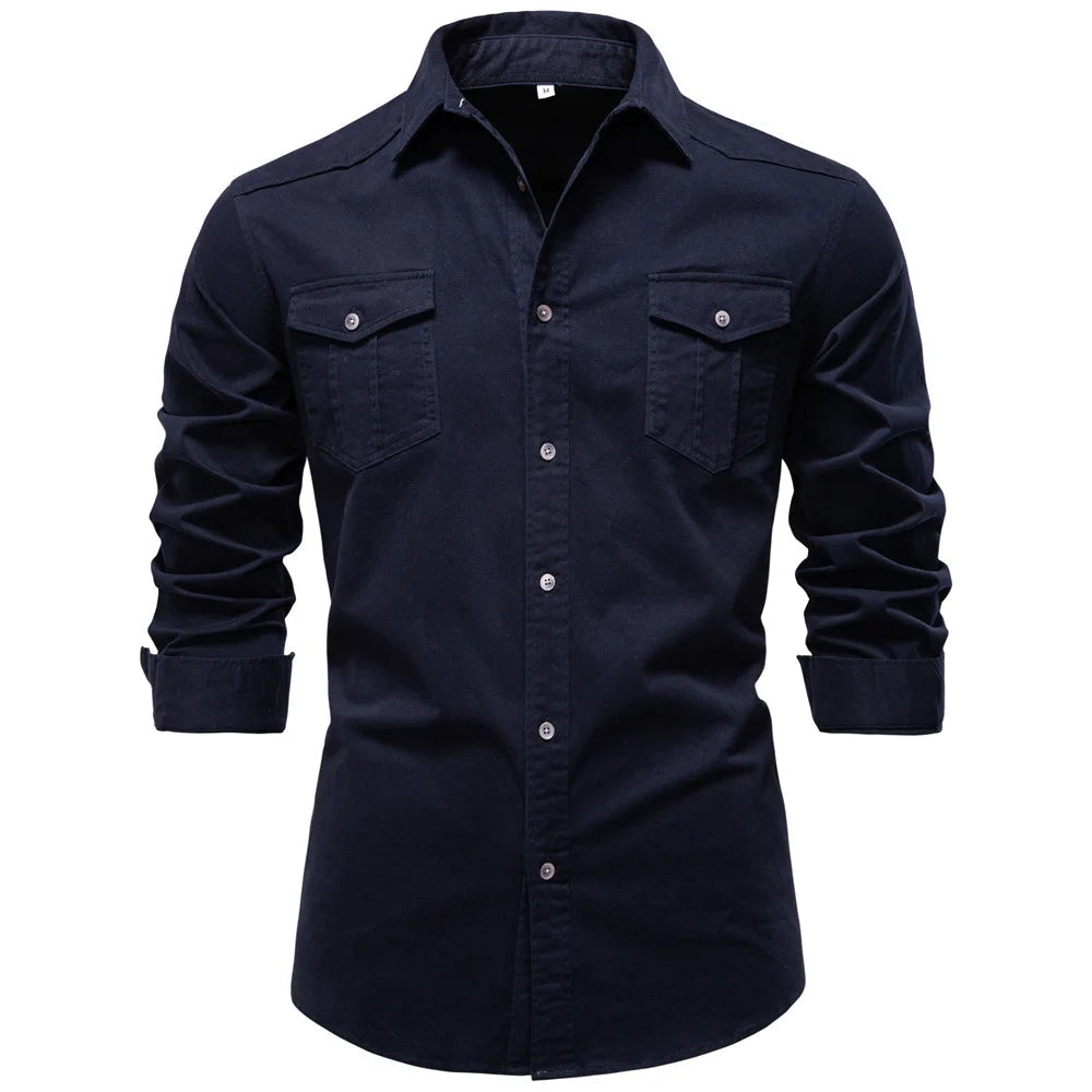Classic men's utility shirt, long sleeve, button-up, rugged workwear for versatile daily use.