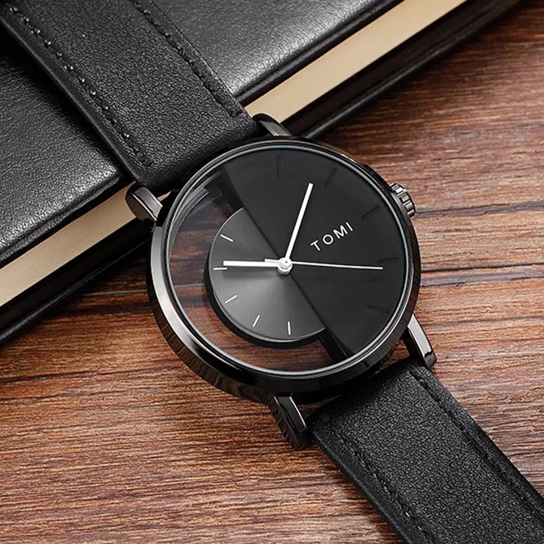 Versatile Men's Eclipse Half-Dial Watch Set, multiple leather straps for various looks. Pin buckle.
