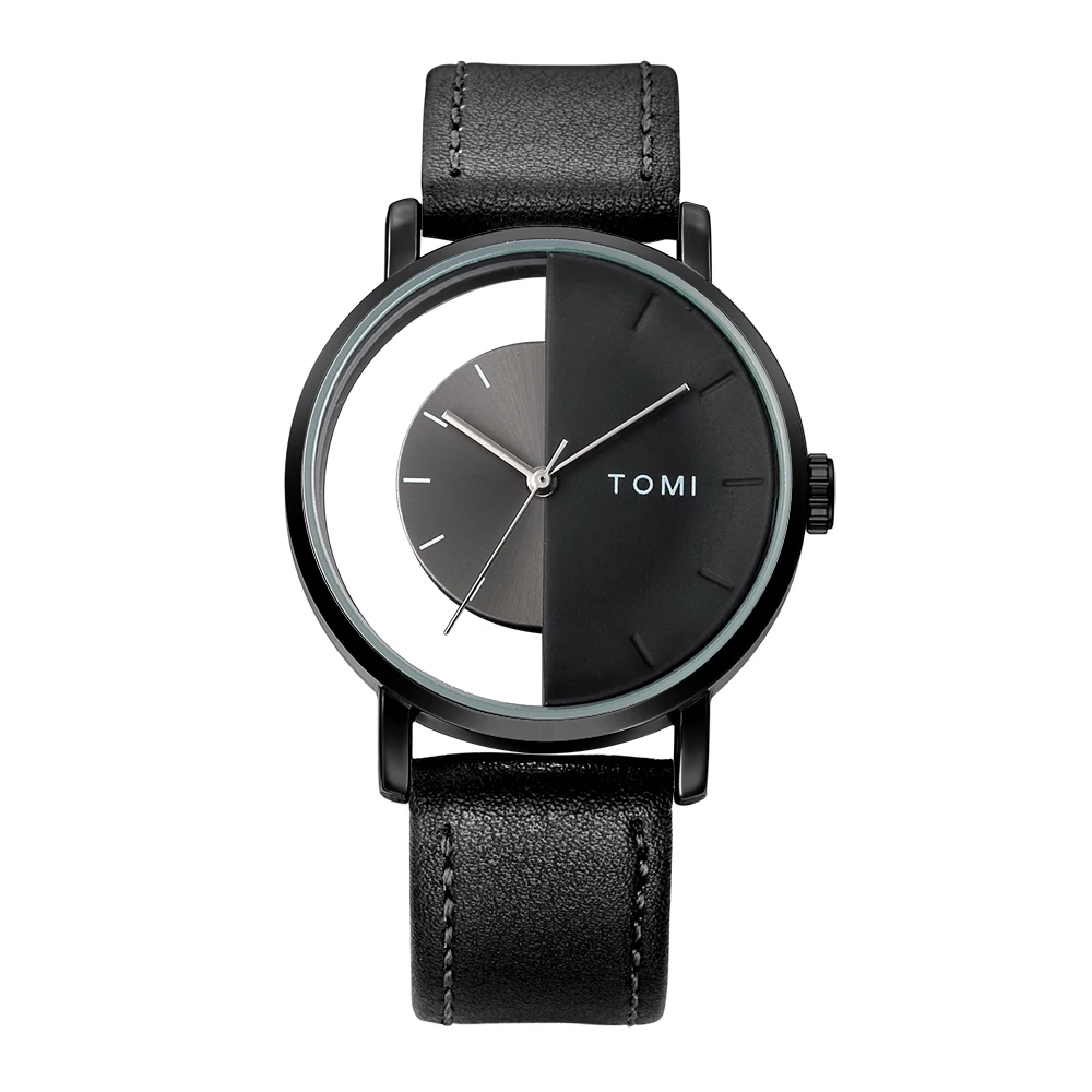 Men's Eclipse Half-Dial Watch with sleek black leather strap, modern analog design.