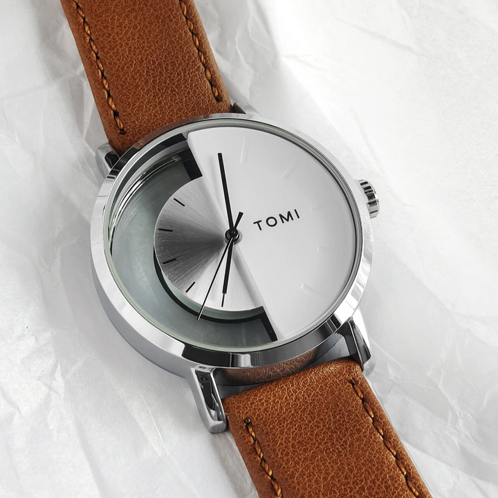 Men's Eclipse Half-Dial Watch, modern leather strap analog timepiece, elegant.