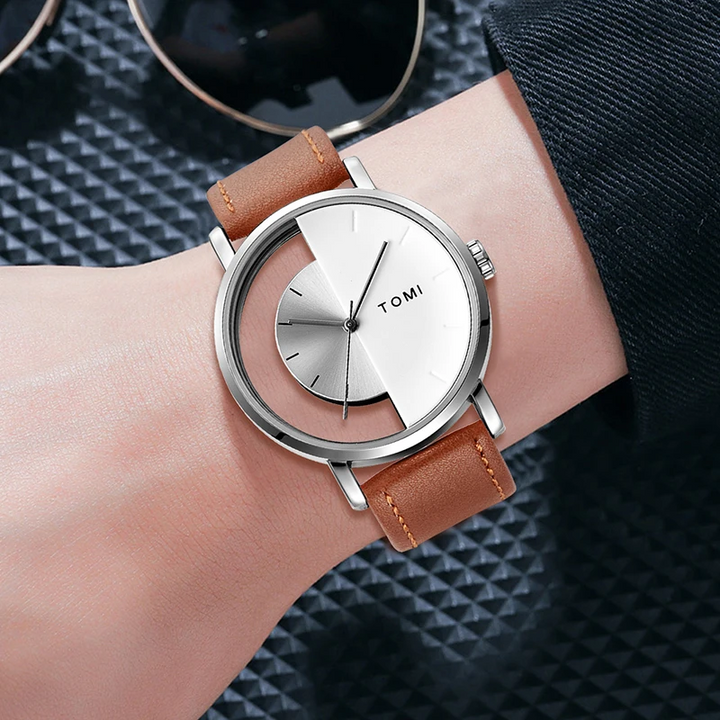 Sleek men's fashion watch, Eclipse half-dial, black leather, sturdy pin buckle.