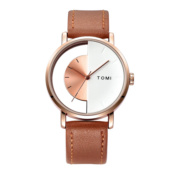 Sophisticated men's leather watch, unique half-dial, ideal gift for him, analog.