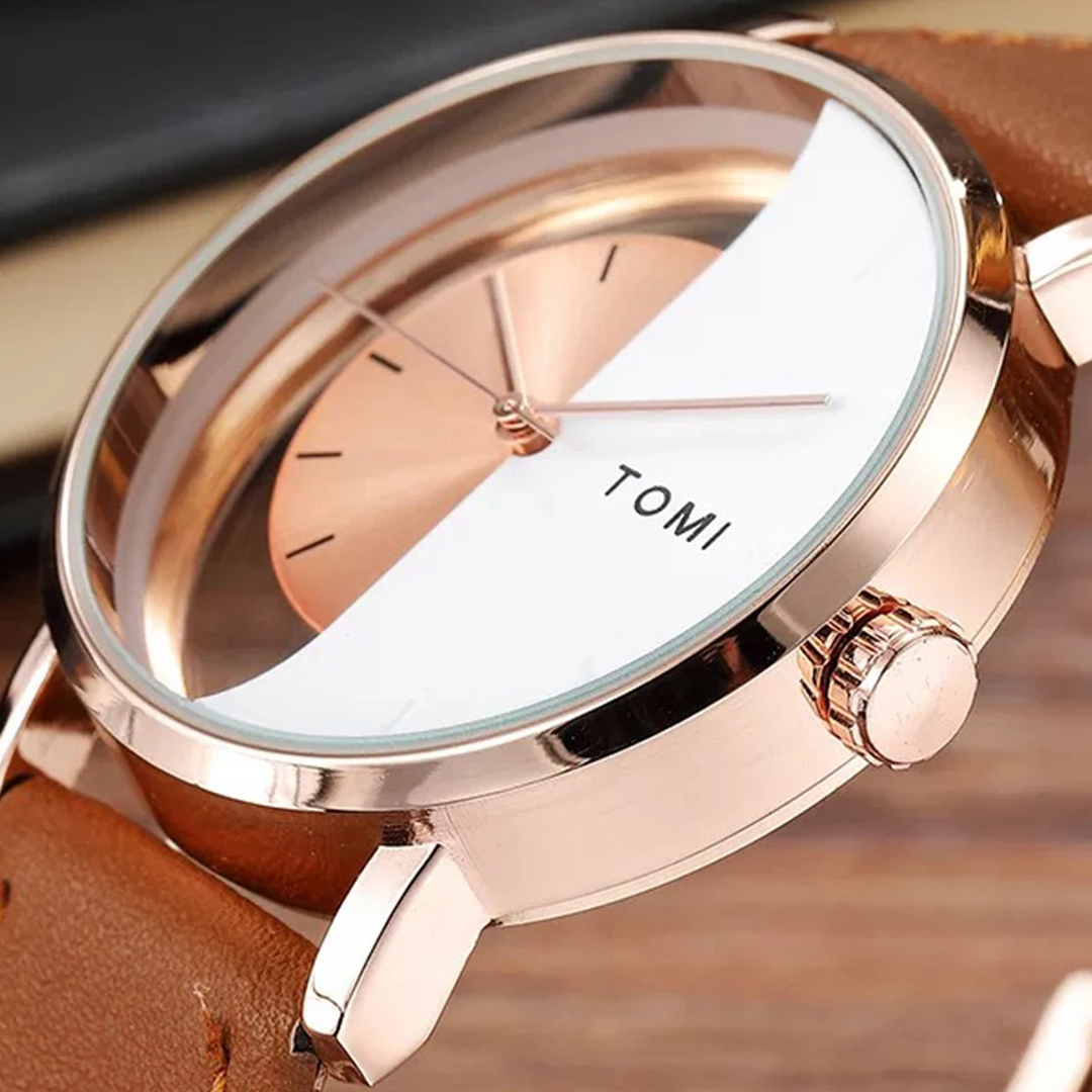 Statement piece: Men's Eclipse watch with a stylish half-dial and brown leather strap.