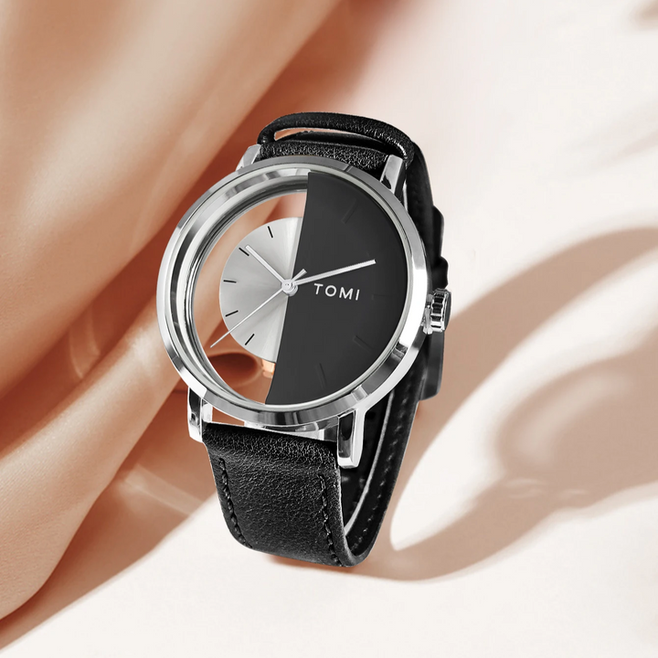 Men's Eclipse Half-Dial Watch with premium black leather band & pin buckle.