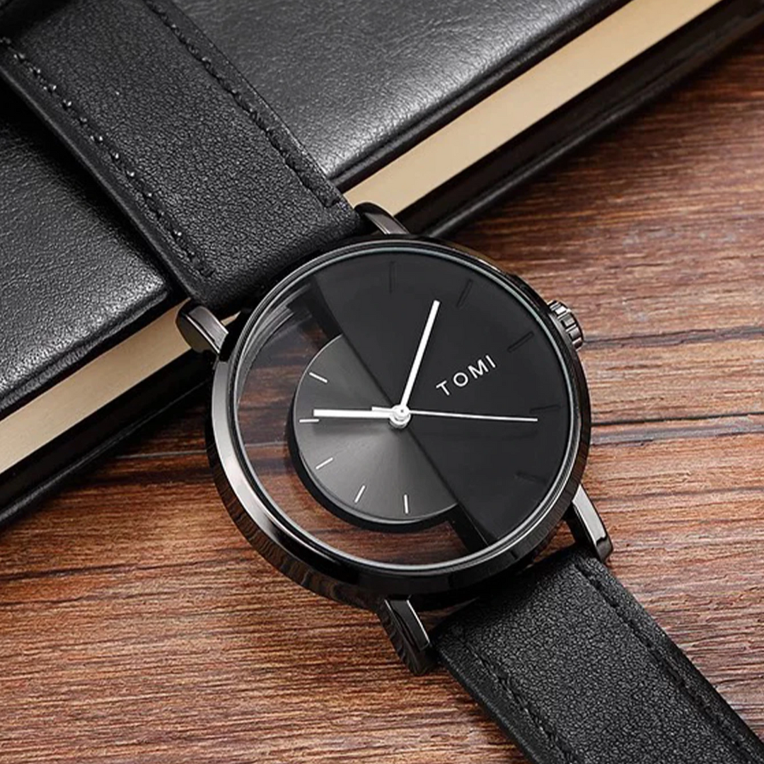 Modern men's analog watch, unique Eclipse half-dial, genuine brown leather strap.