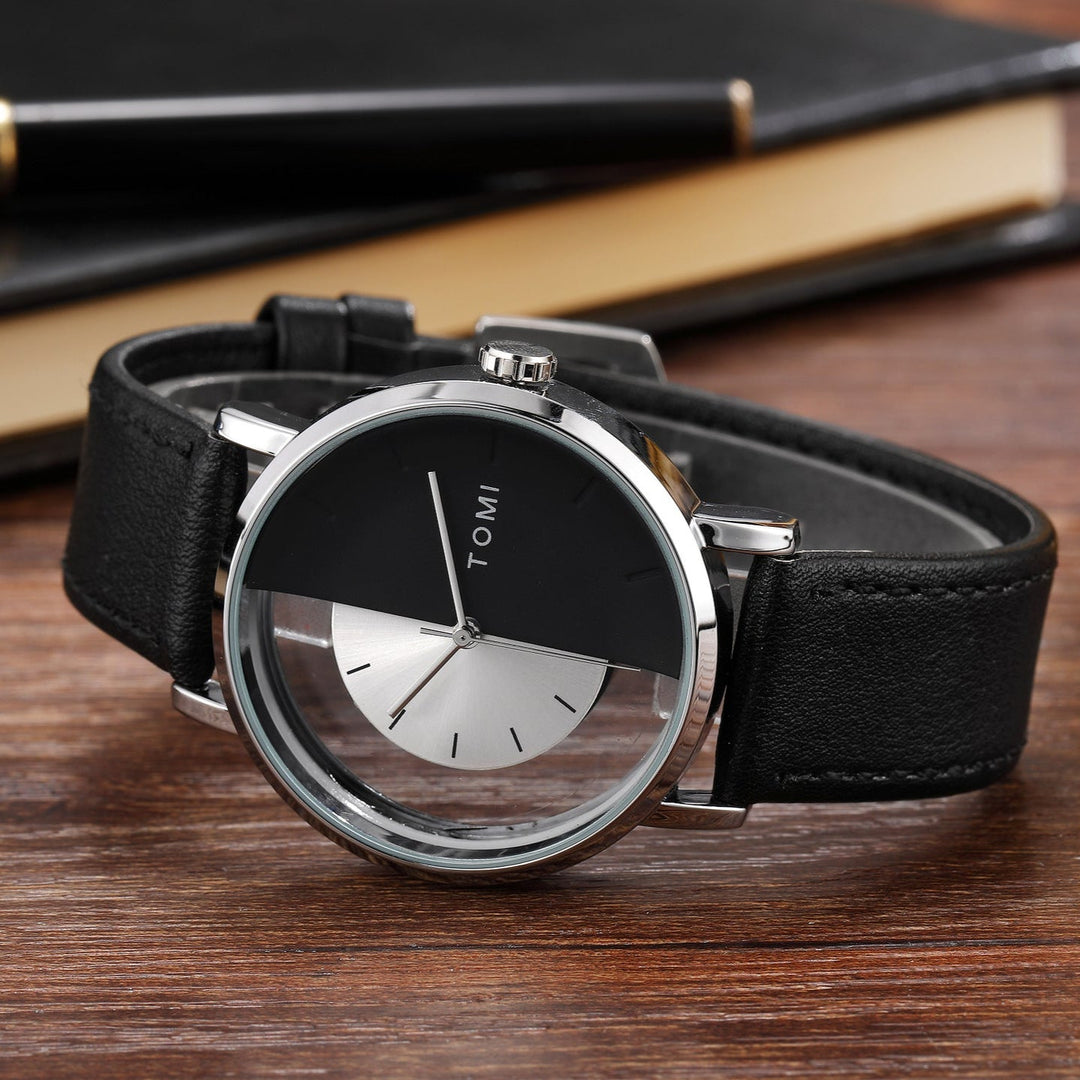 Modern men's analog watch, Eclipse half-dial, genuine brown leather strap, sleek design.