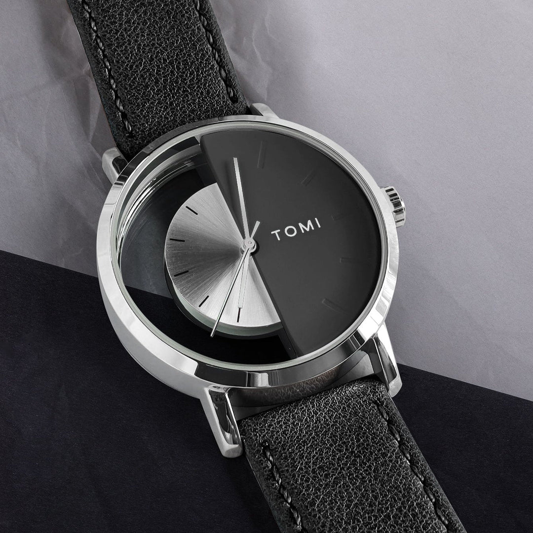 Stylish Men's Eclipse Watch, half-dial, modern design, black leather strap, a must-have.