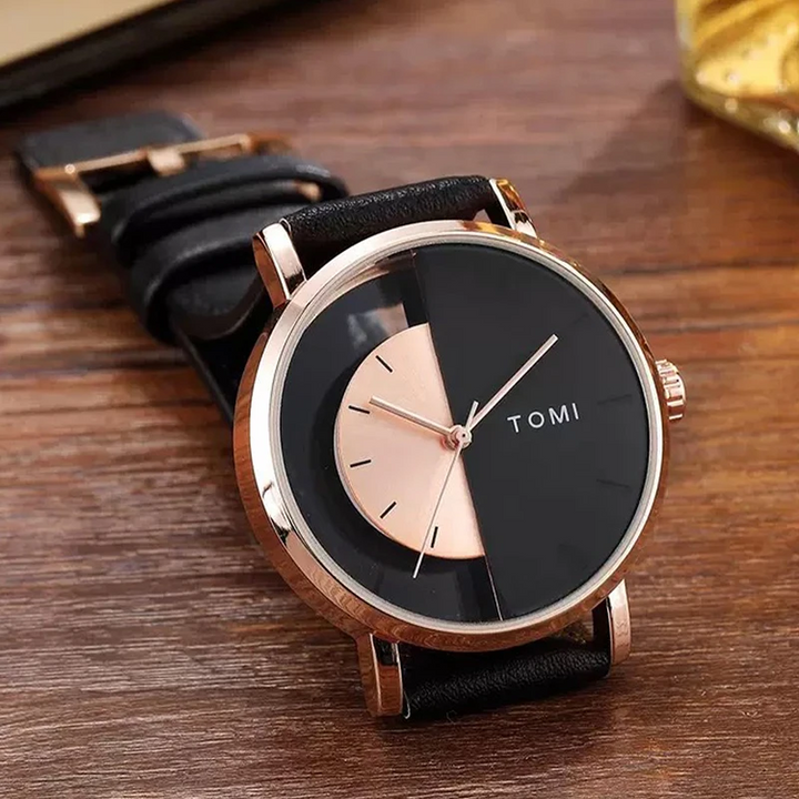 Close-up of Eclipse men's watch, half-dial detail, premium black leather strap.