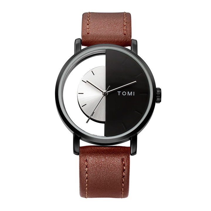 Detail of the unique half-dial on a modern men's leather watch, sophisticated.
