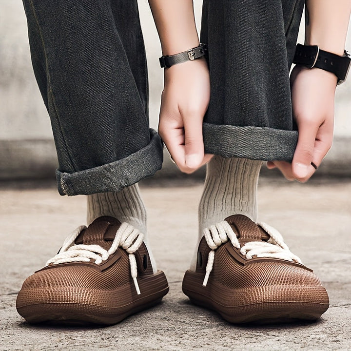 Water-friendly Eclipse laced clogs for men. Durable slip-on casual footwear, great for beach or pool.