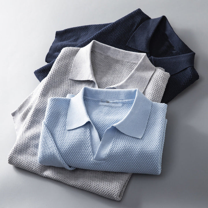 Men's effortless style knit polo, a versatile short sleeve shirt for smart casual occasions.