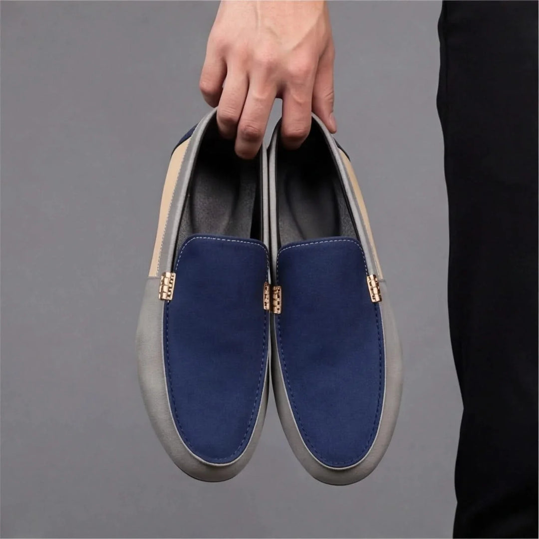 Blue men's slip-on loafers. Comfortable casual footwear, ideal for everyday spring/summer wear.