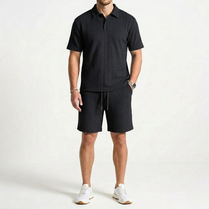 Men's casual polo shirt and matching shorts two-piece set. Ideal for comfortable and stylish summer fashion.