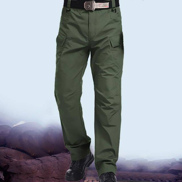 Back view of men's tactical camouflage cargo pants with flap pockets