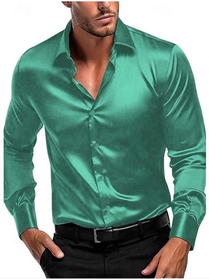 Refined men's formal wear: a long sleeve satin sheen dress shirt with an elegant Italian collar for events.