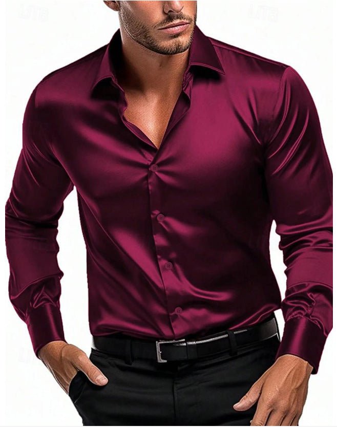 Classic men's business attire: a sophisticated long sleeve satin sheen dress shirt with an Italian collar.