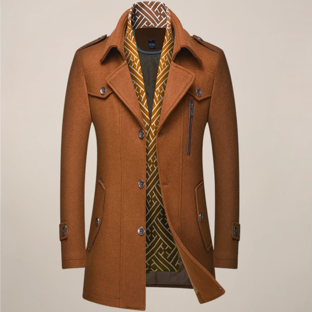 Sophisticated men's long tailored overcoat. Essential formal outerwear for elegant winter fashion.