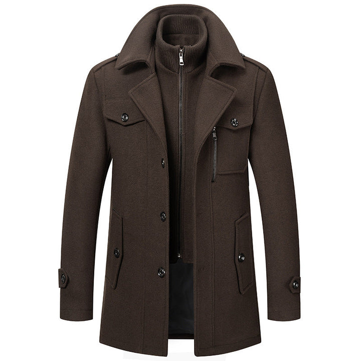 Fashionable men's elegant two-piece winter coat, a warm layered jacket for stylish cold-weather outfits.