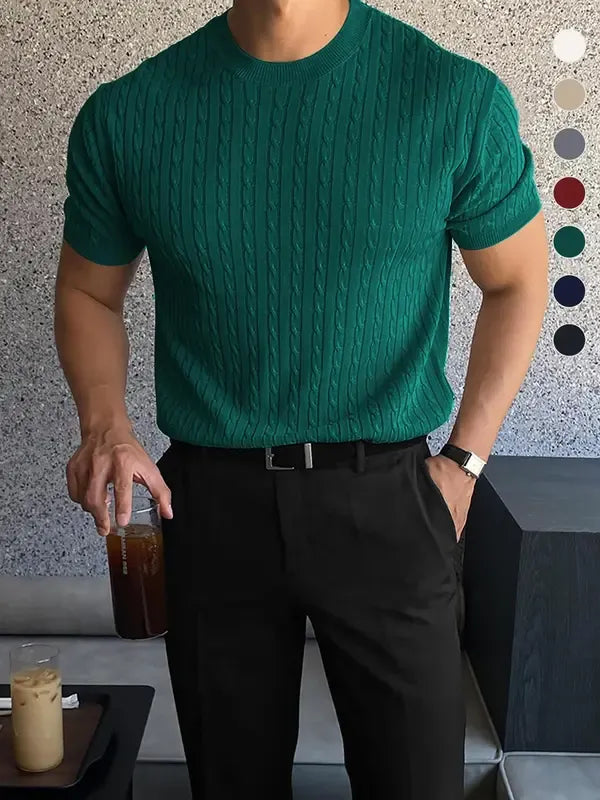 Man wearing a comfortable Elviro cable knit short sleeve tee. Refined, versatile men's knit shirt for daily wear.