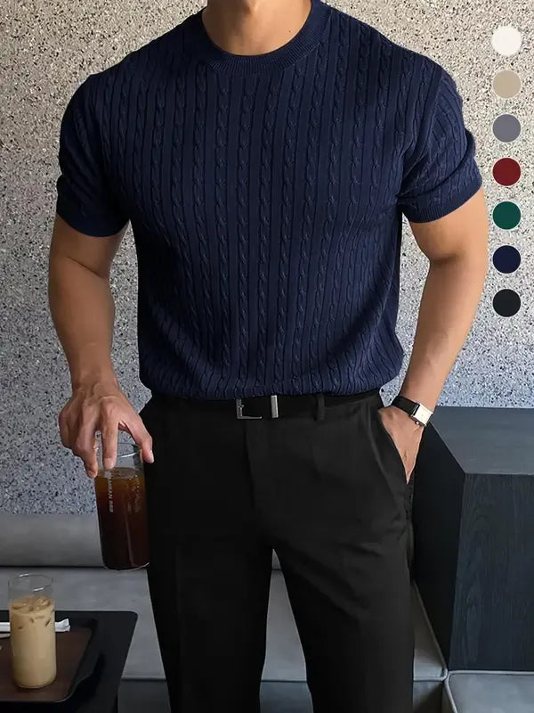 Men's Elviro crew neck cable knit short sleeve tee. A stylish and modern knit top, perfect for casual comfort.
