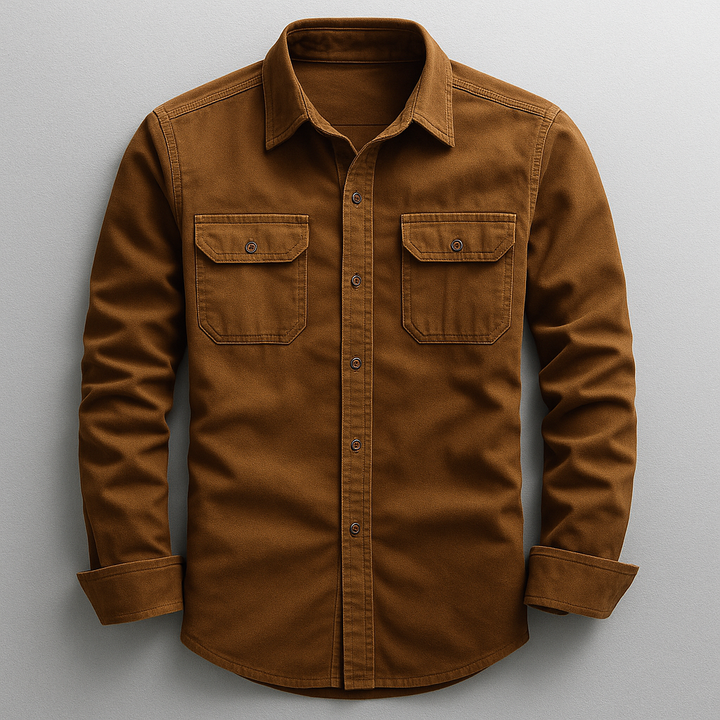 Man wearing a stylish everyday comfort tailored shirt. This long-sleeve button-up is perfect for casual or smart-casual fashion.