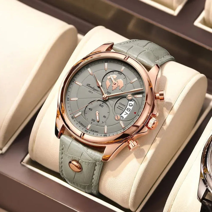 Sophisticated men's dress watch, a precision quartz chronograph with a comfortable leather band.