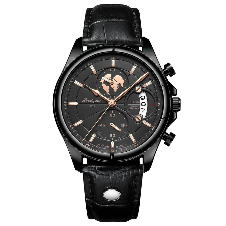 Men's sophisticated chronograph dress watch, excellent for business meetings, with a durable leather strap.